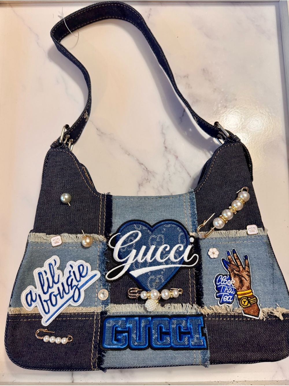 Denim Patchwork Shoulder Bag in Dark and Light Blue
